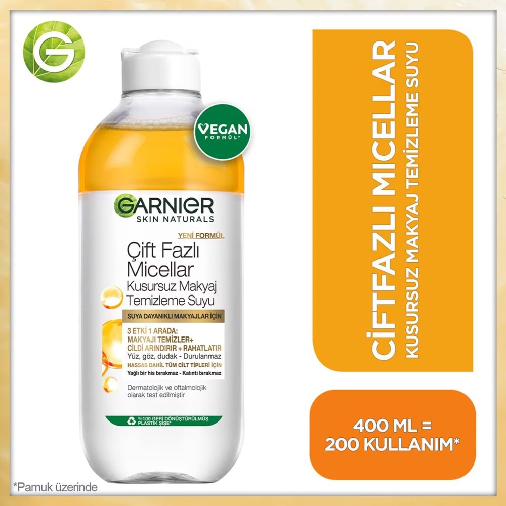 GARNIER ÇİFT FAZLI KUSURSUZ MAKYAJ MICELLAR 400 ML