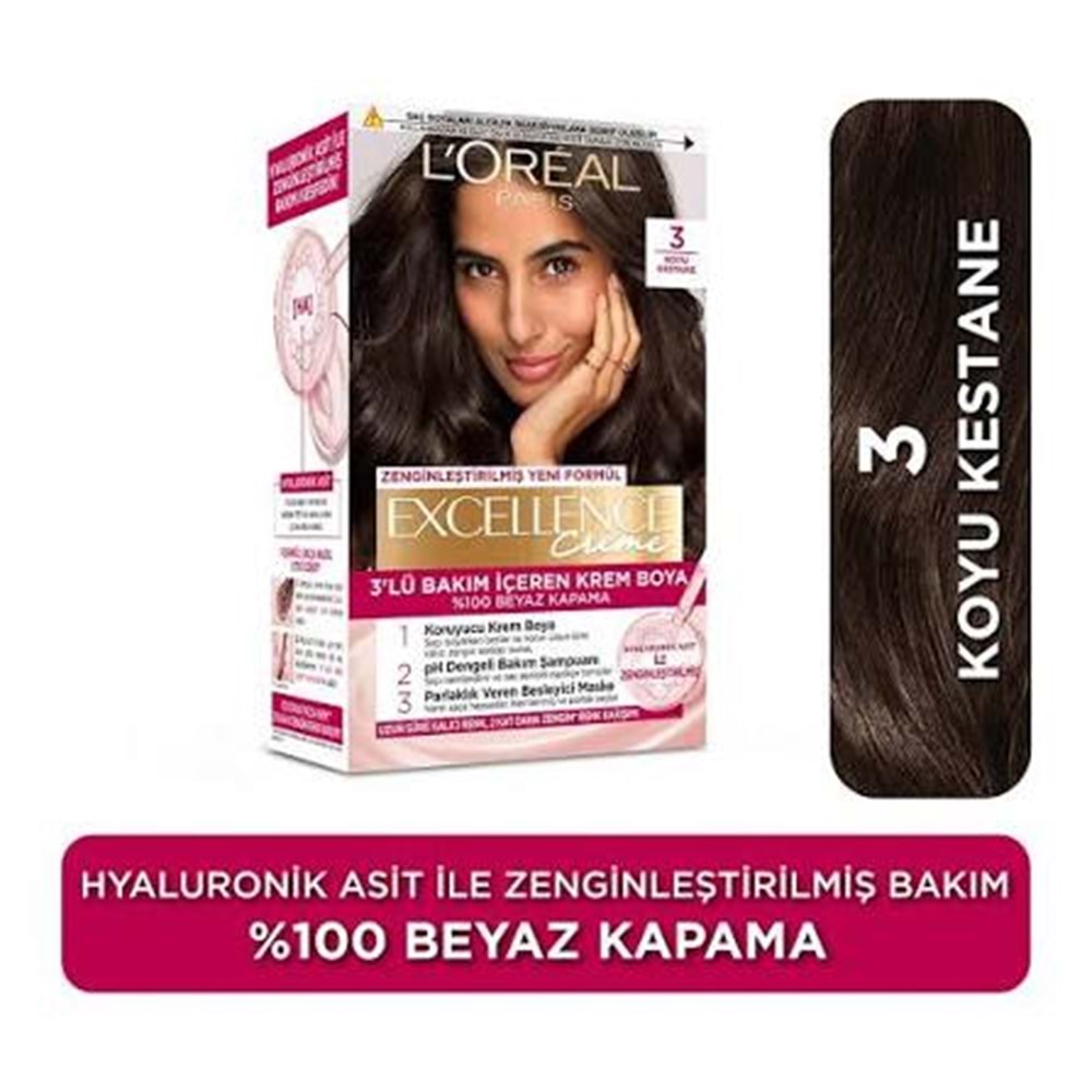 LOREAL EXCELLENCE CREME SAÇ BOYASI 3 KOYU KESTANE