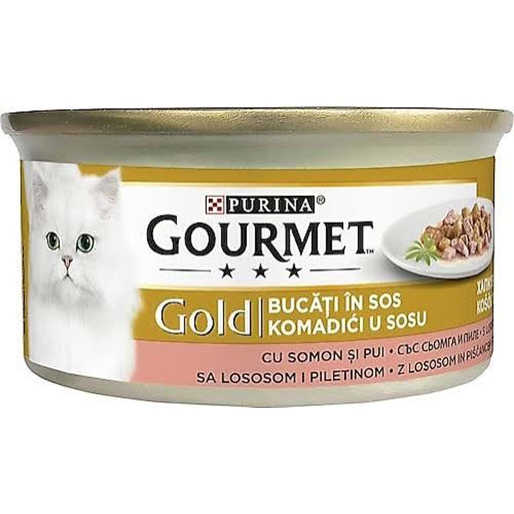 PURINA GOURMET GOLD SOS İÇERİSİNDE PARÇA ETLİ SOMONLU VE TAVUKLU 85 GR